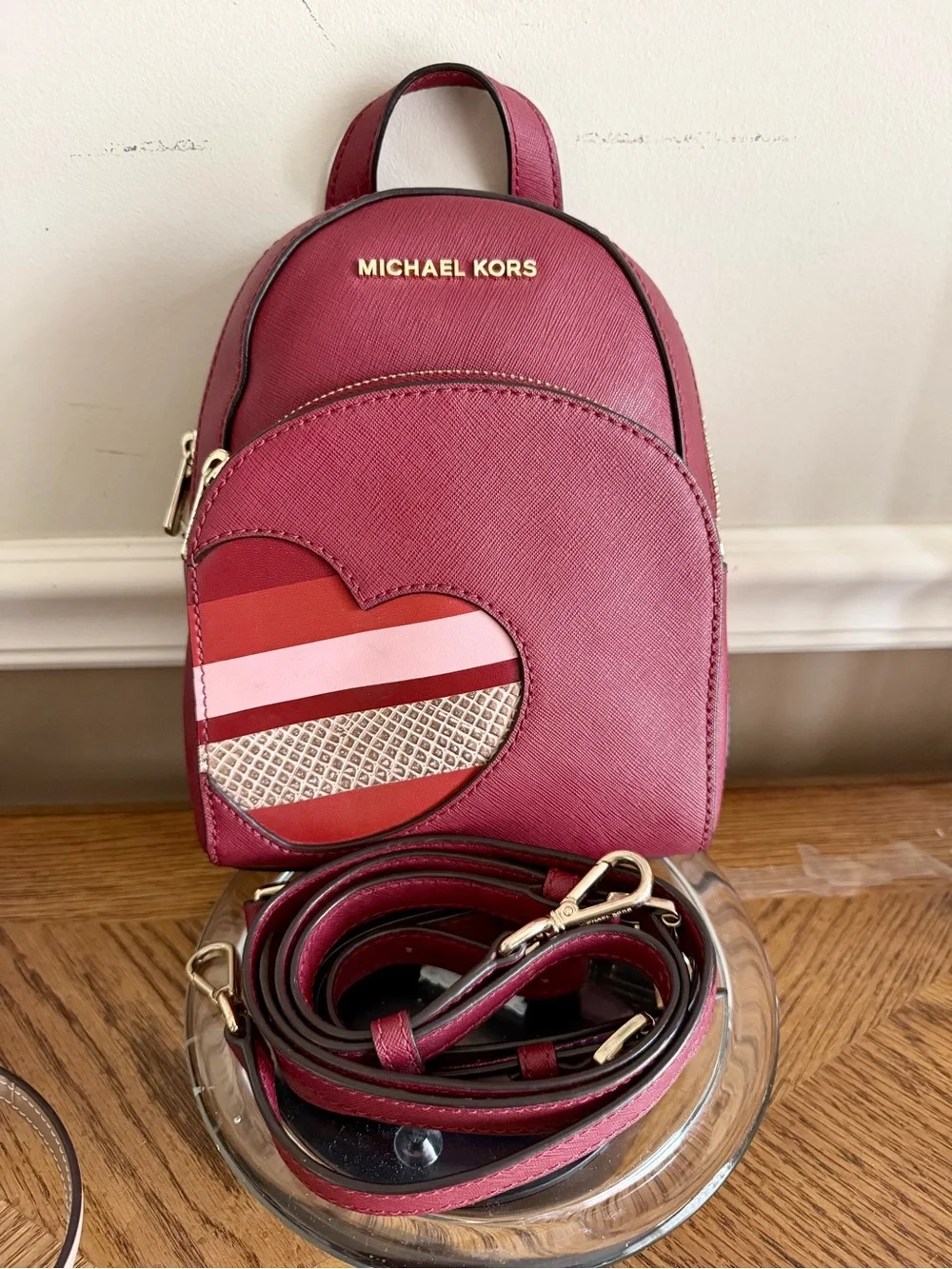 Michael Kors RARE Abbey Red leather Mini Backpack with Heart Patch convertible